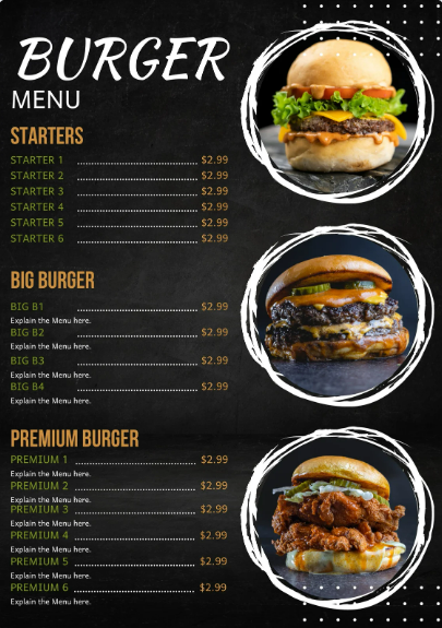 Menukaart voor burger restaurant.